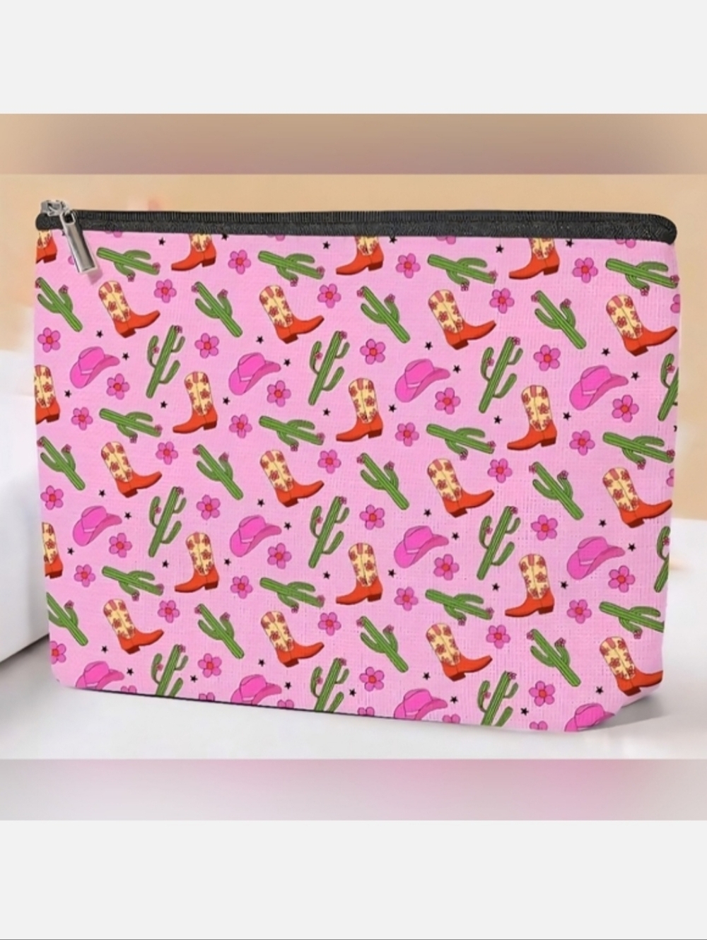 NWT Cowgirl Boots Waterproof Canvas Makeup/Essentials Bag Pink w/ Cactus